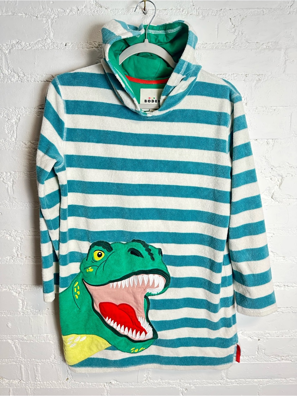 Boden Mini Striped Dinosaur Appliqué Hooded Terry Towel Pullover 11-12y